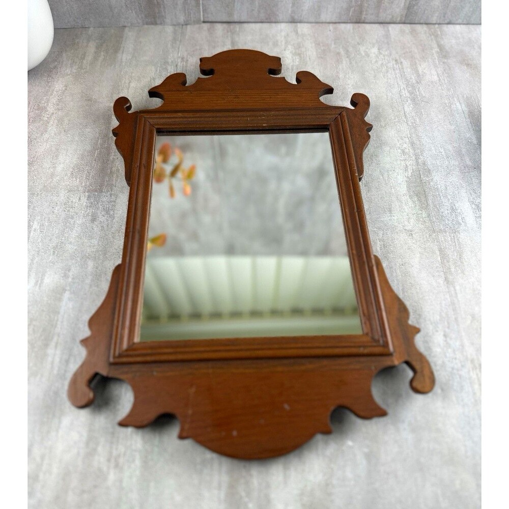 Vintage Chippendale Style Wood Wall Mirror Ornate Scroll Frame 18” x 11”
